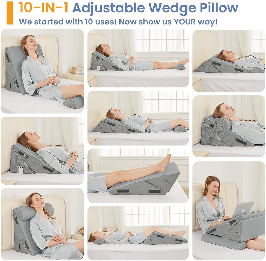 Sasttie Wedge Pillow Set for After Surgery, 2PCS Adjustable Bed Wedge Pillow Headboard with Memory Foam Neck Cushion – for Acid Reflux, Sle…