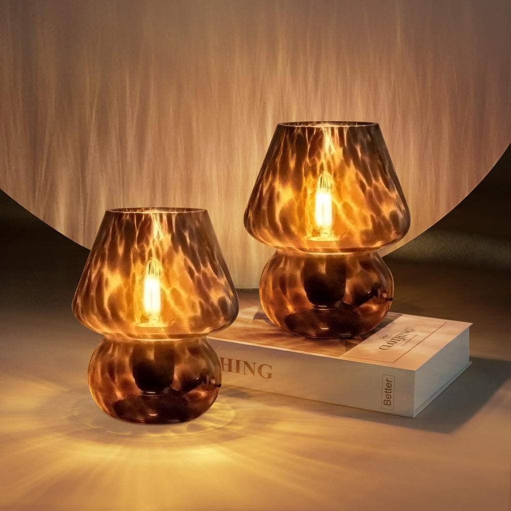 ONEWISH Mushroom Lamp Small Vintage Table Lamp for Bedroom Set of 2, Nightstand Bedside Lamp Translucent Glass Dimmable, Murano Aesthetic…