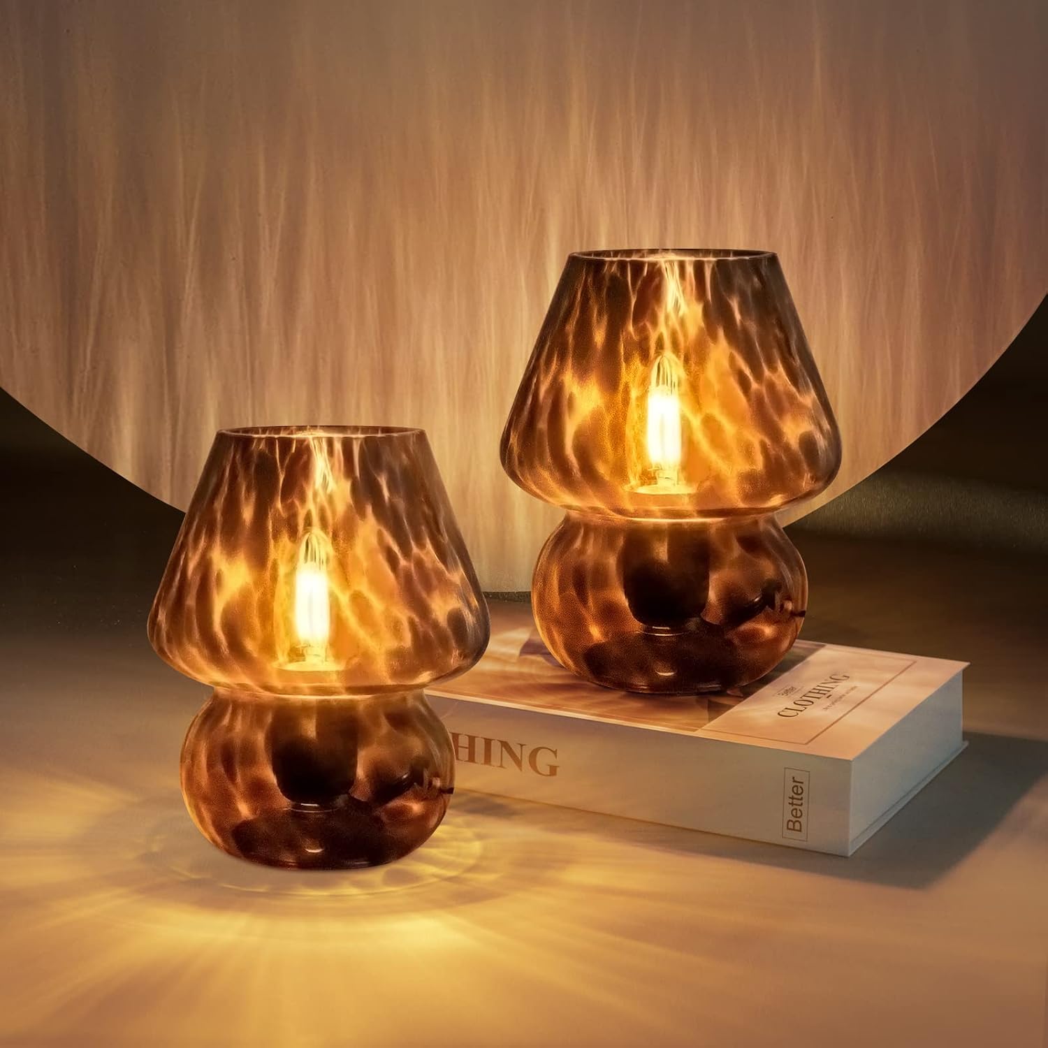 ONEWISH Mushroom Lamp Small Vintage Table Lamp for Bedroom Set of 2, Nightstand Bedside Lamp Translucent Glass Dimmable, Murano Aesthetic…