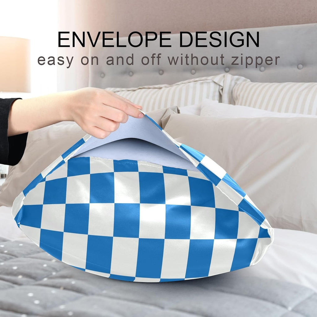 Checkerboard White Blue Plaid Print Pillow Covers Silk Pillowcase for Hair and Skin Soft Breathable Cooling Satin Pillowcase Standard…