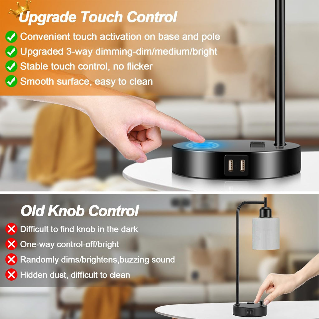 Set of 2 Industrial Touch Control Table Lamps with 2 USB Ports and AC Outlet - 3-Way Dimmable Black Bedside Lamp Nightstand Desk Lamps…