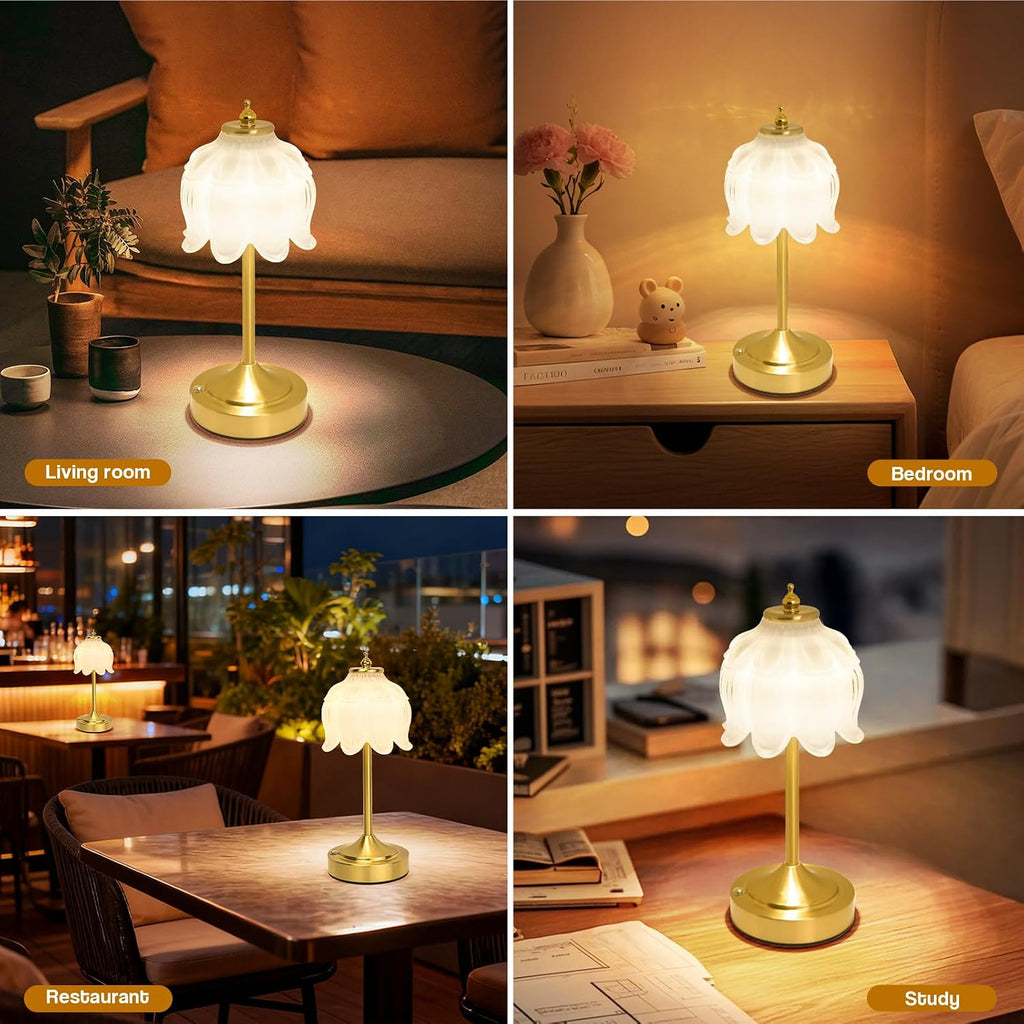 Cordless Lotus Flower Table Lamp, 5200mAh Rechargeable Battery Operated Portable Lamp, 3-Color Dimmable Touch Control Small Desk Lamp for…