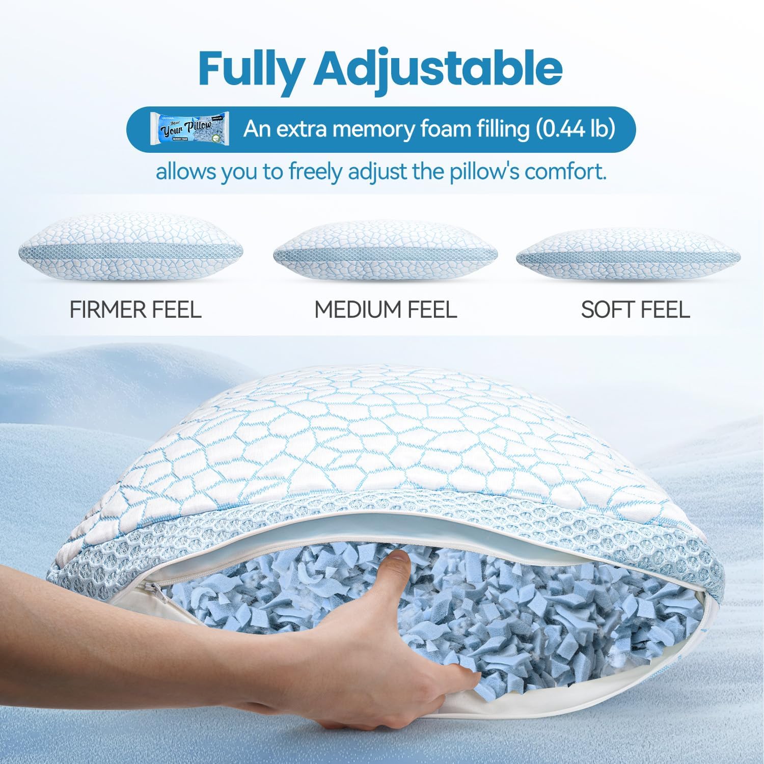 QUTOOL Double Sided Cooling Pillow for Hot Sleepers, Shredded Memory Foam Pillows King Size Set of 2, Adjustable Soft & Firm Gel Bed…