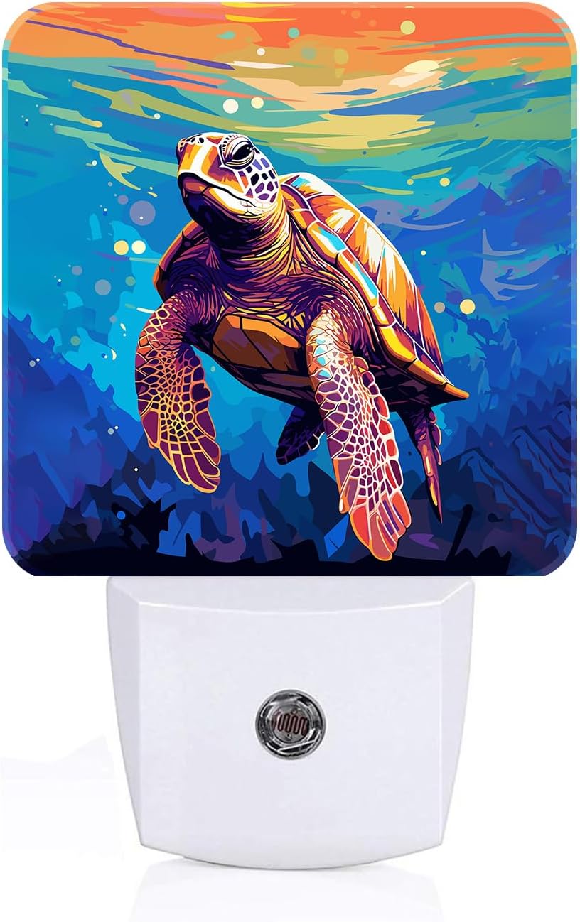 Watercolor Wild Turtle Night Light, Plug-in Nightlights Auto Sensor Night Lamp Dusk to Dawn Lamp Home Decor for Nursery Children Girls Boys