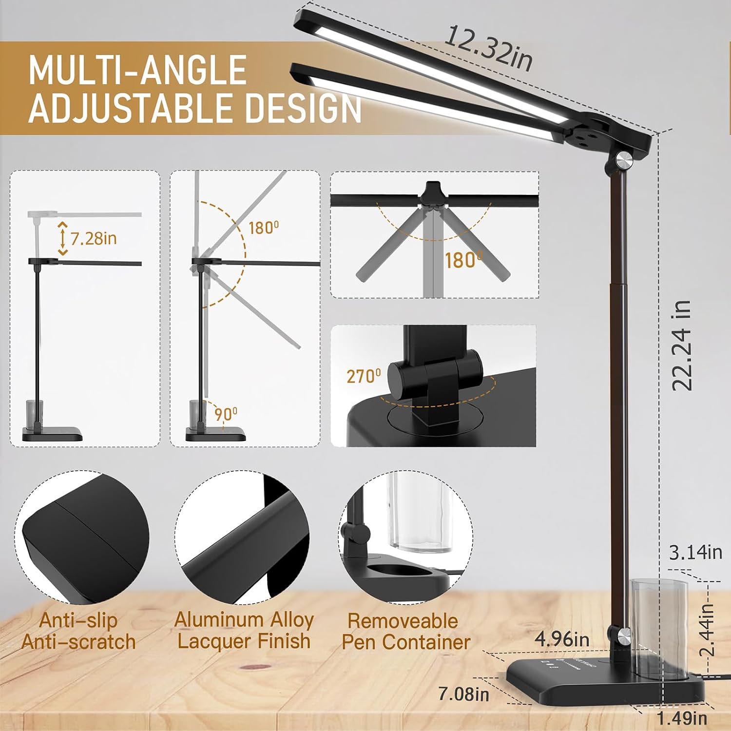 CHARYJOD Retractable Dimmable LED Desk Lamp with USB Charging Port, 50 Lighting Modes Dual Swing Arm Architect Adjustable Table Lamp…