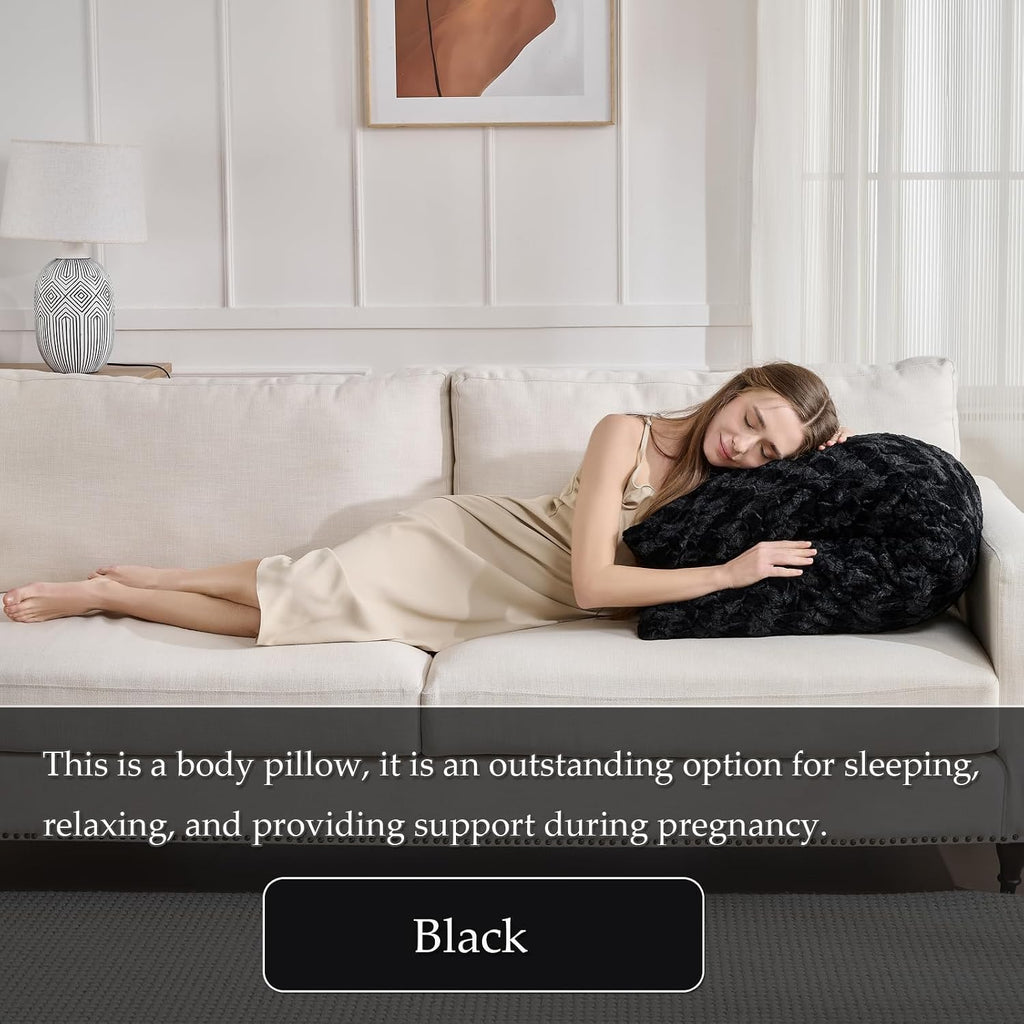 HKMR Fluffy Faux Rabbit Fur Body Pillow, Memory Foam Pregnancy Pillow for Side Sleep Body Pillow,20x54 Long Pillow for Adults-Black 2…