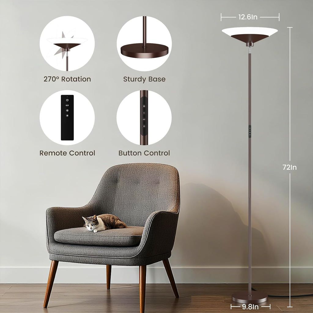 SIBRILLE Brown Torchiere Floor Lamp - 30W Dimmable LED Standing Lamp with Remote, 4 Color Temps, Stepless Dimming, 3000-6500K, 1800LM…
