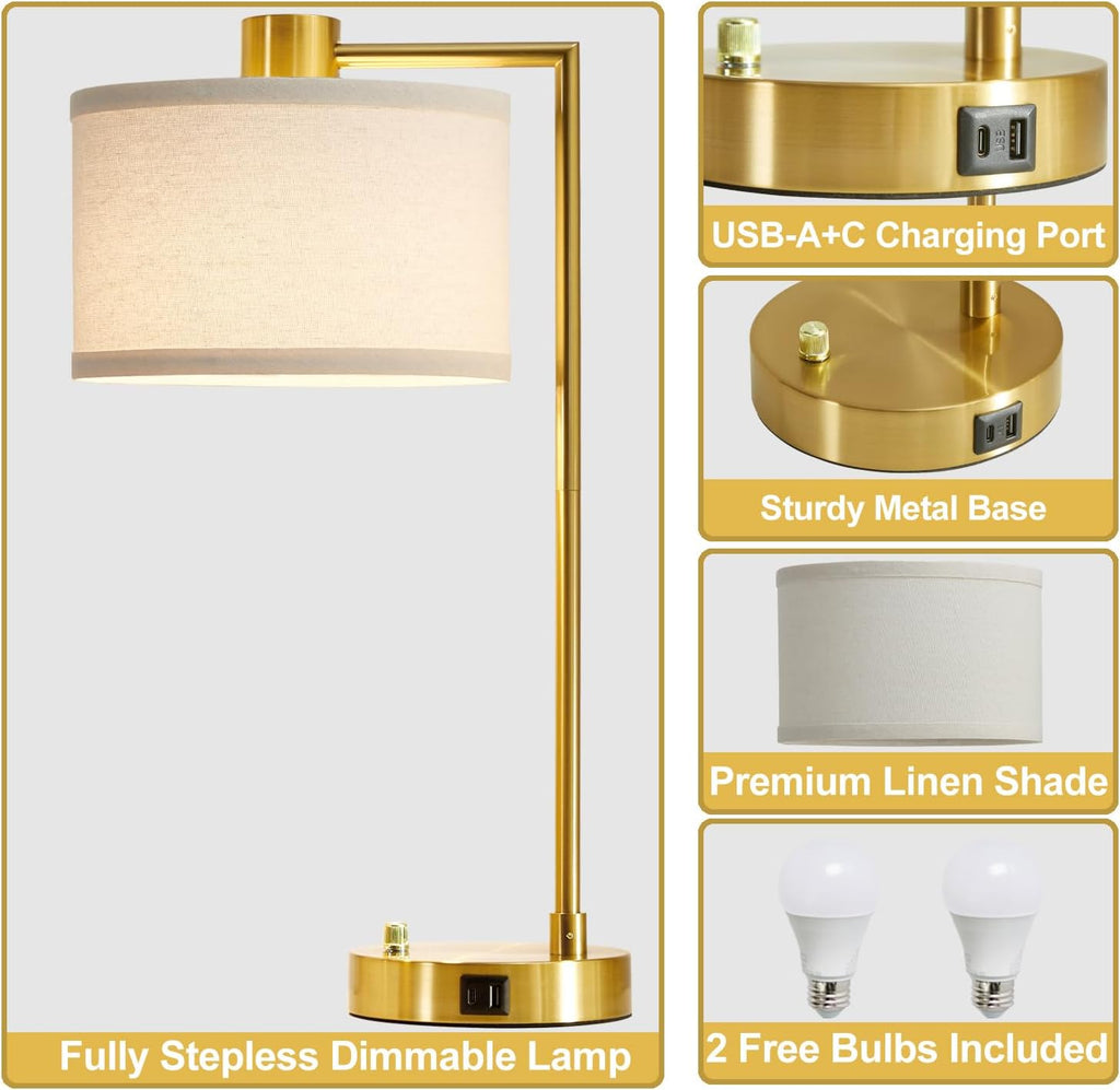 Luvkczc Table Lamp for Bedroom Set of 2 with USB C+A Ports, Fully Stepless Dimmable Bedside Lamp with Linen Lampshade, Nightstand Lamp…