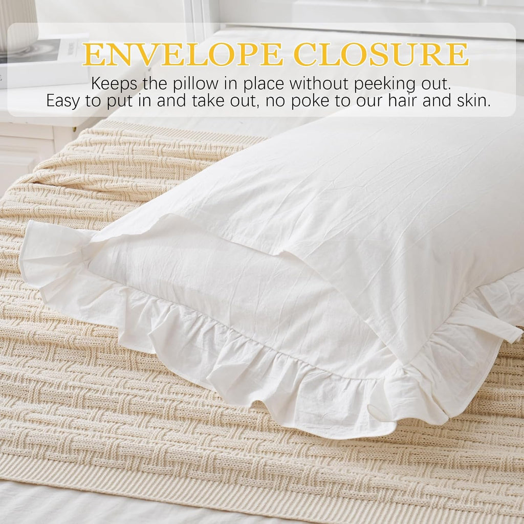 Qilunn Vintage Off White Ruffle Euro Shams Shabby Farmhouse Pillow Cover 100% Washed Cotton Pillowcases Set of 2-26"x26" White 2pcs Cotton…