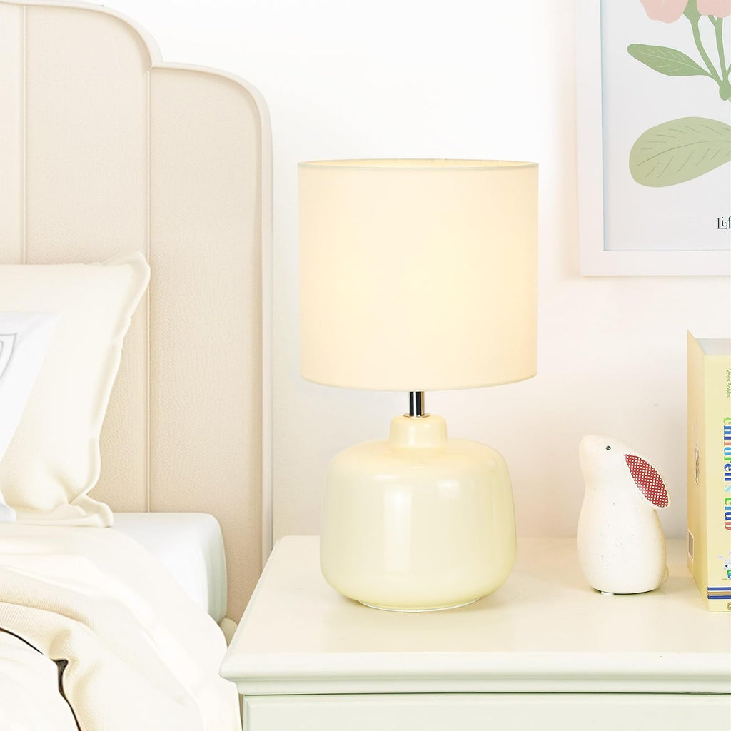 LAMPWELLOSLO Small Ceramic Table Lamp for Living Room and Bedroom, Modern Kids Night Table Lamp, Φ7.09×H13.39IN, Bulb Excluded, Cream