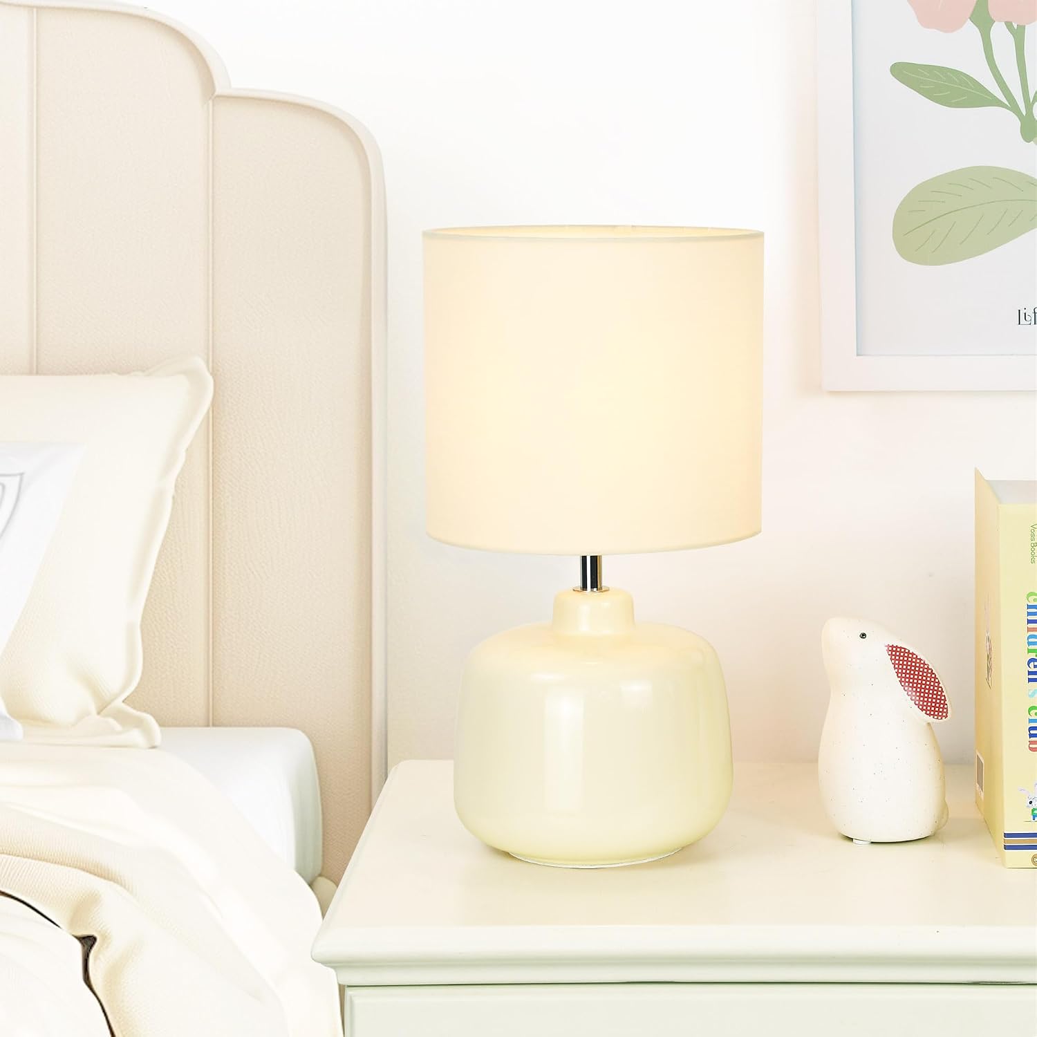 LAMPWELLOSLO Small Ceramic Table Lamp for Living Room and Bedroom, Modern Kids Night Table Lamp, Φ7.09×H13.39IN, Bulb Excluded, Cream