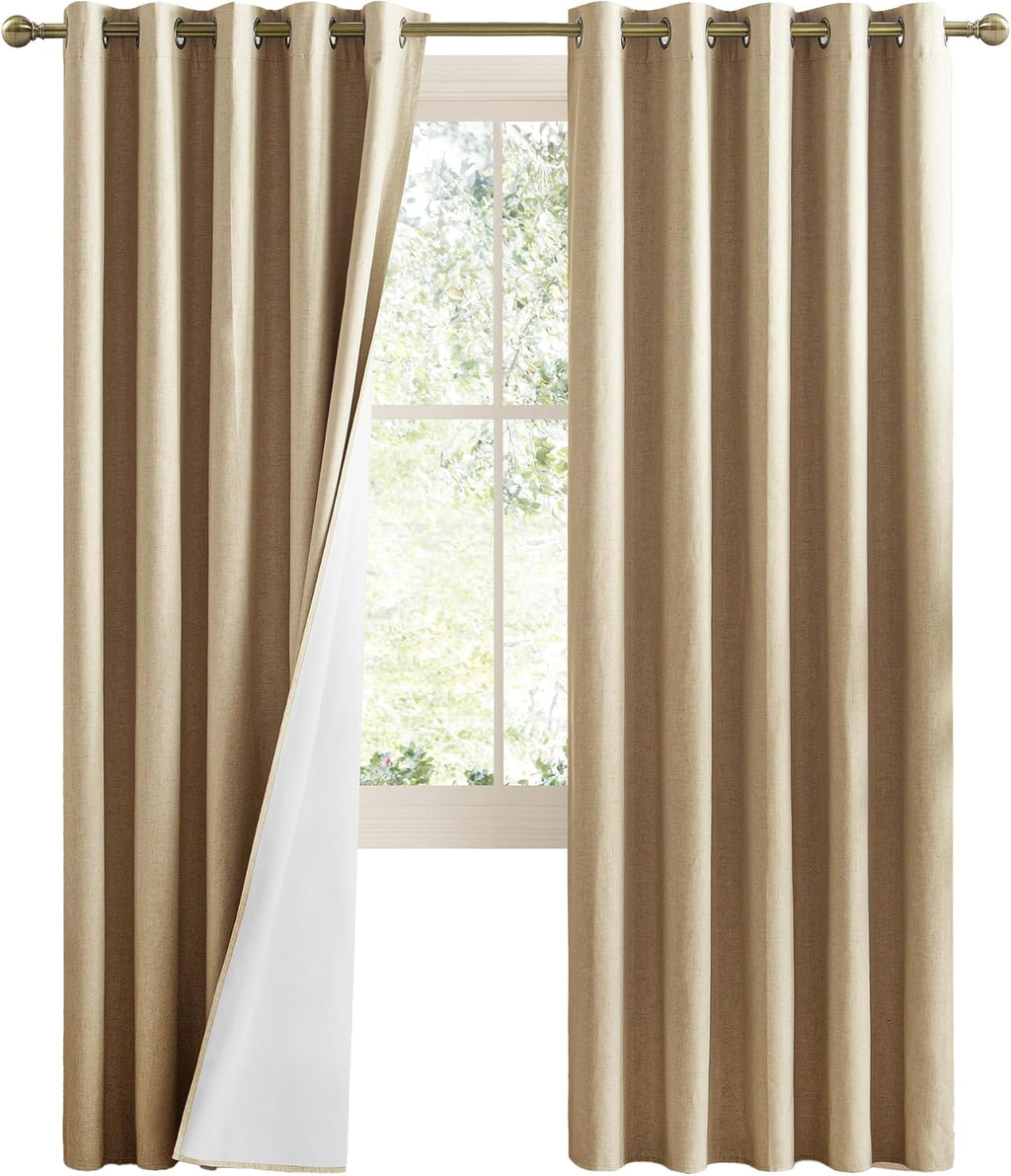 NICETOWN 100% Absolutely Blackout Linen Curtains with Thermal Insulated White Liner, Camel, 62" Wide, 2 Pieces, Privacy Vertical Window…