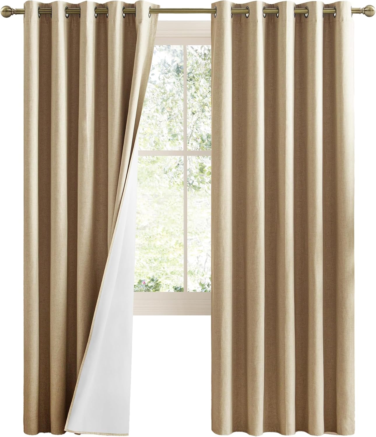 NICETOWN 100% Absolutely Blackout Linen Curtains with Thermal Insulated White Liner, Camel, 62" Wide, 2 Pieces, Privacy Vertical Window…