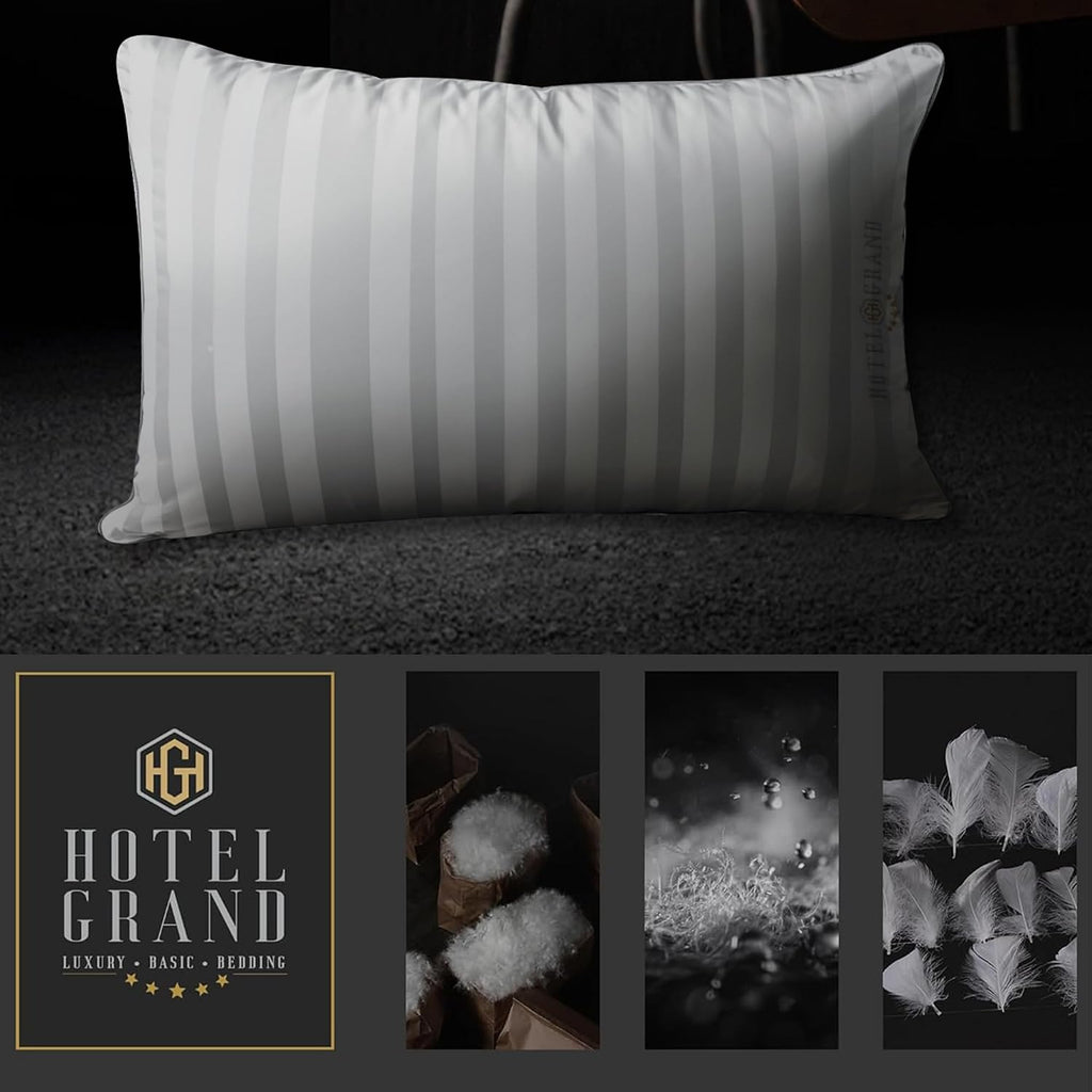 Hotel Grand Bed Pillows Standard Size Set of 2 Packs - 500 Thread Count 100% Cotton Medium Firm Hypoallergenic Feather Down Pillows…
