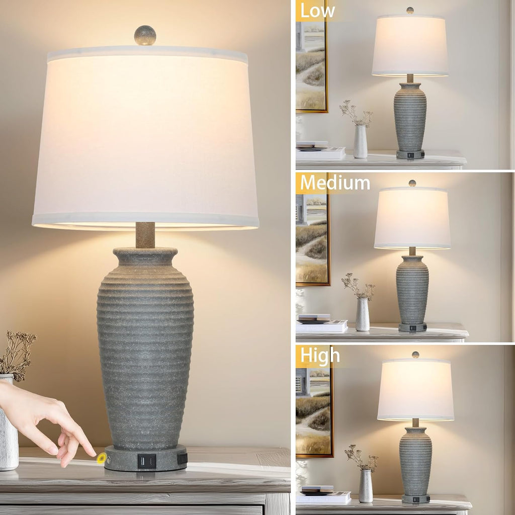 CINSARY 25" Grey Farmhouse Jar Table Lamps, 3 Way Touch Control Rustic Bedside Lamps with USB A+C Ports & AC Outlet, Pot Nightstand Lamps…