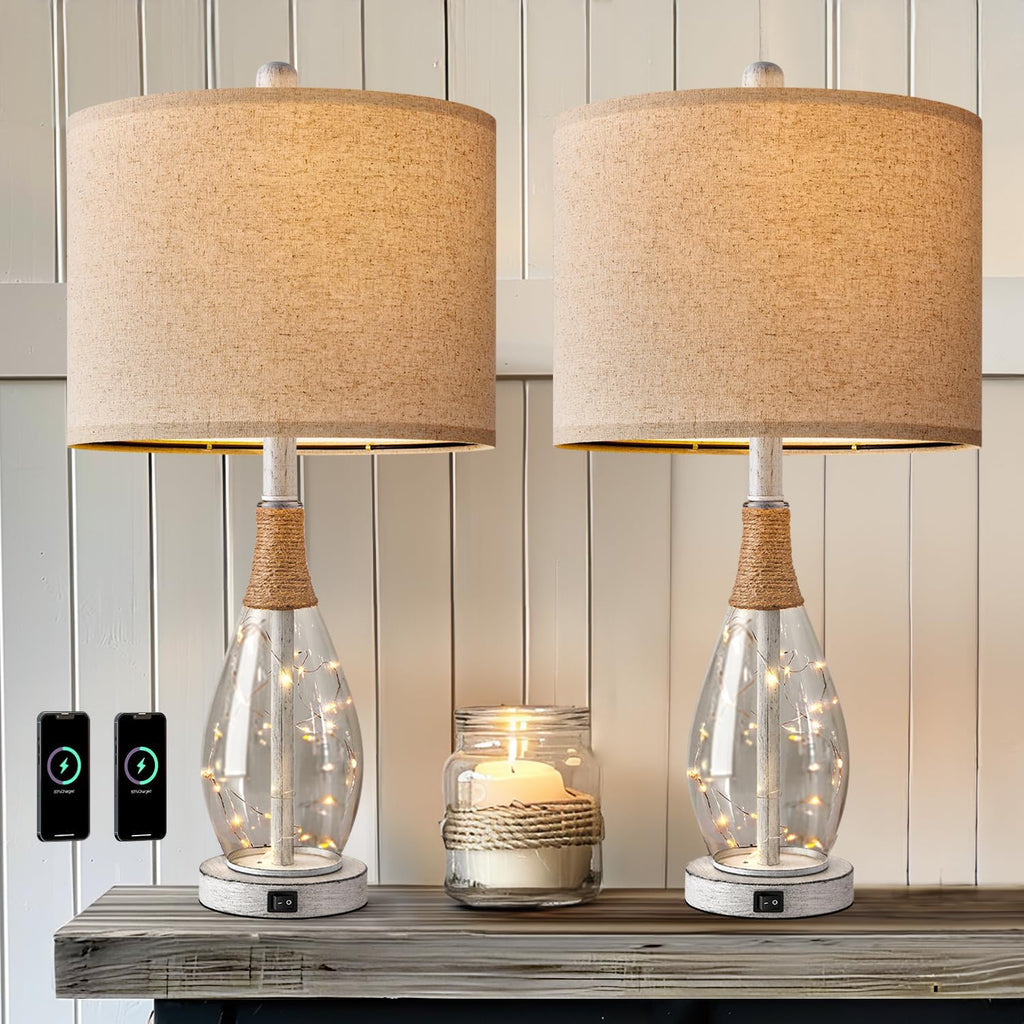 OYEARS 23" Table Lamps for Living Room Set of 2 Bedside Lamps for Night Stands Bedroom Lamps Farmhouse Rattan Boho Lamp Glass Nightlight…