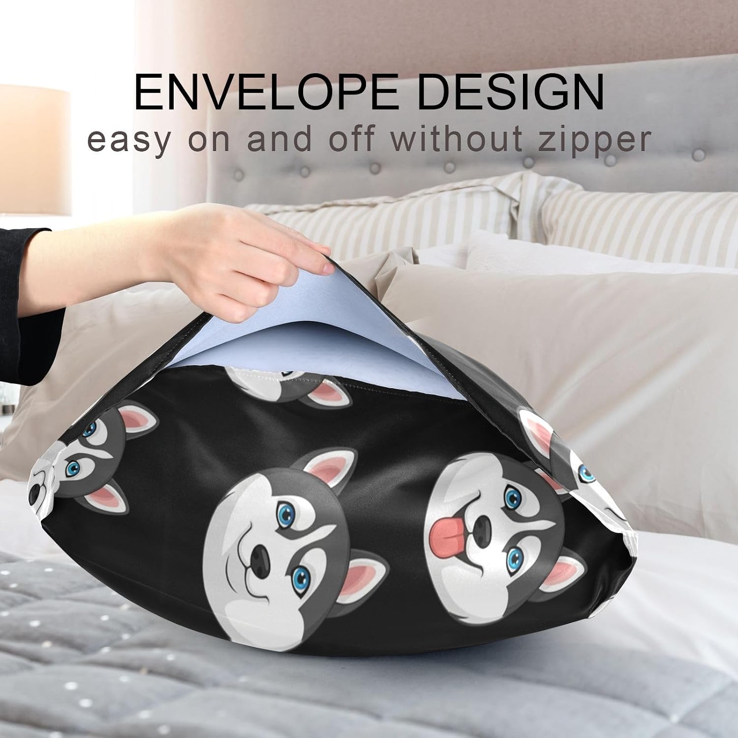 Cartoon Husky Dark Pillow Covers Silk Pillowcase for Hair and Skin Breathable Soft Satin Pillowcase Queen Size Pillow Case for Bedroom…