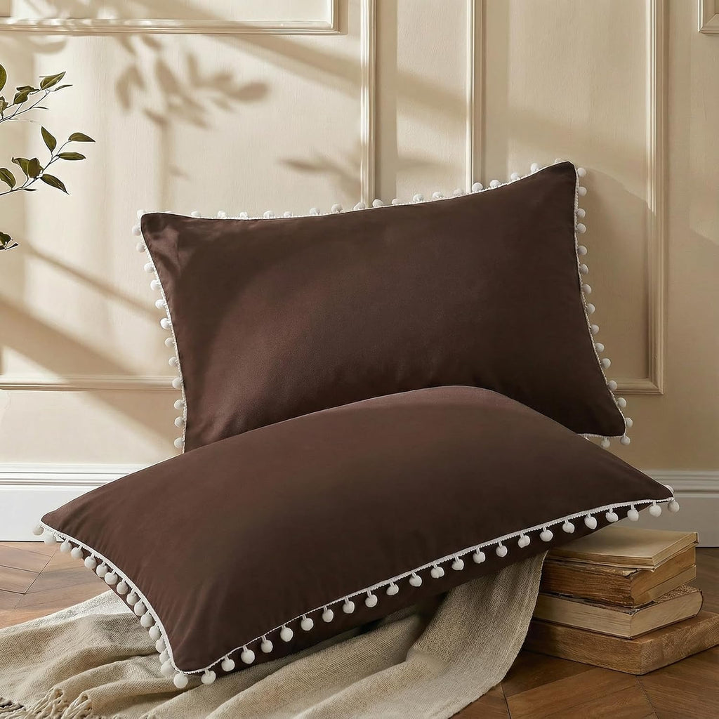 Moveover Chocolate Pom Poms Pillow Cases, Boho Pillowcases Set of 2, 100% Soft Washed Microfiber, Dark Brown Pom Poms Pillow Shams King, 2…