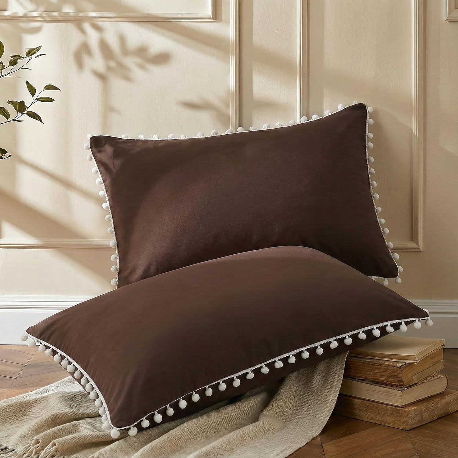 Moveover Chocolate Pom Poms Pillow Cases, Boho Pillowcases Set of 2, 100% Soft Washed Microfiber, Dark Brown Pom Poms Pillow Shams King, 2…