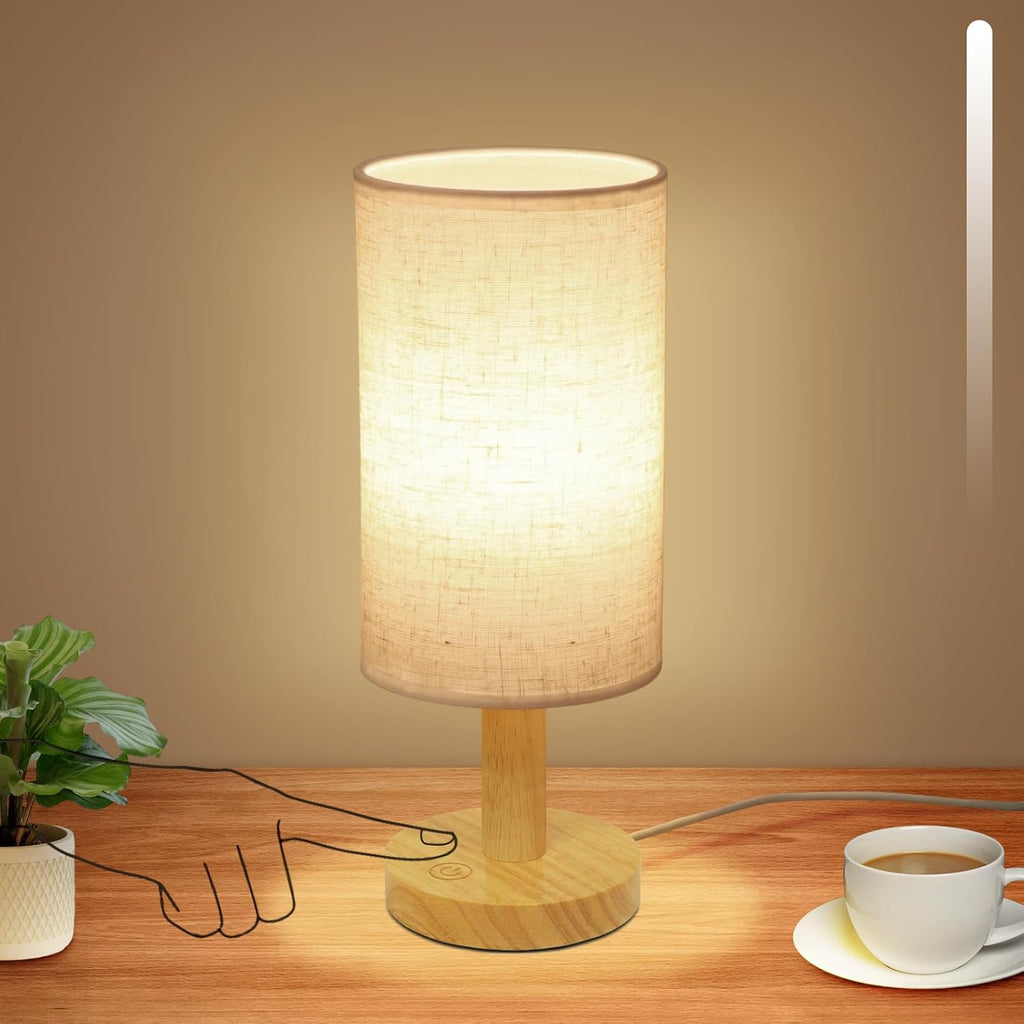 Small Touch Table Lamp with Stepless Dimming&USB Plug, Natural Round Wood Base&Linen Fabric Shade |Soft Ambient Warm Night…