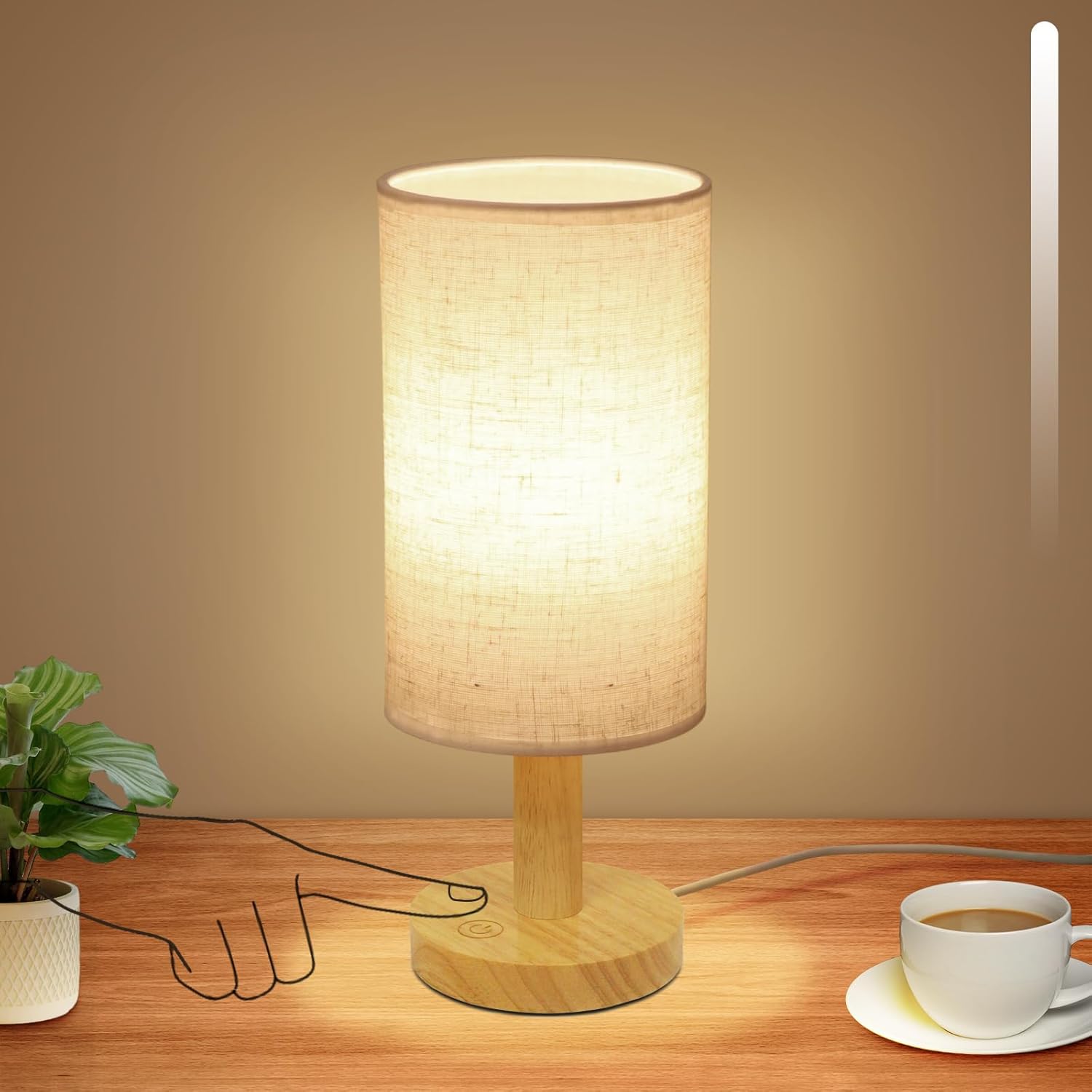 Small Touch Table Lamp with Stepless Dimming&USB Plug, Natural Round Wood Base&Linen Fabric Shade |Soft Ambient Warm Night…