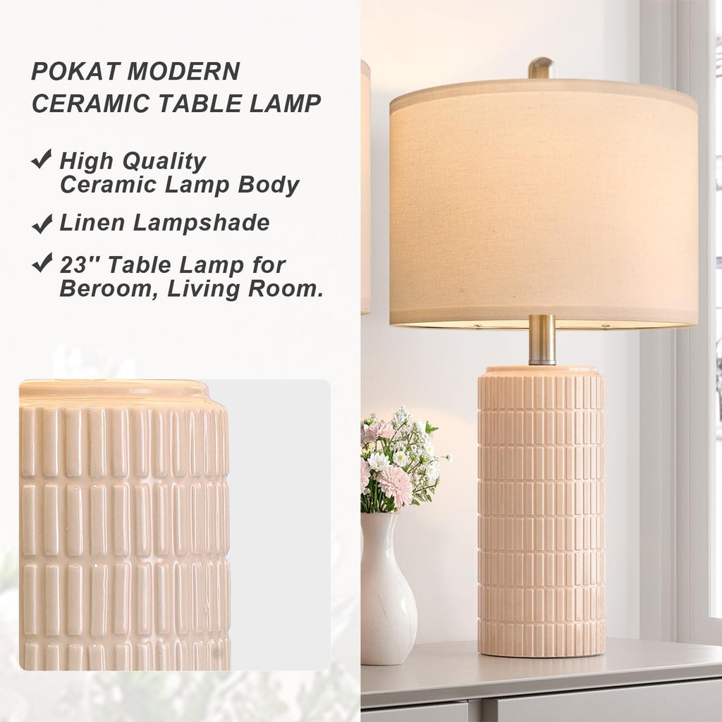 PoKat 23" Pink Ceramic Table Lamps Set of 2, Modern Bedroom Lamps for Girls Room, Bedside Lamps for Night Stands, Cute Lamps for Living…