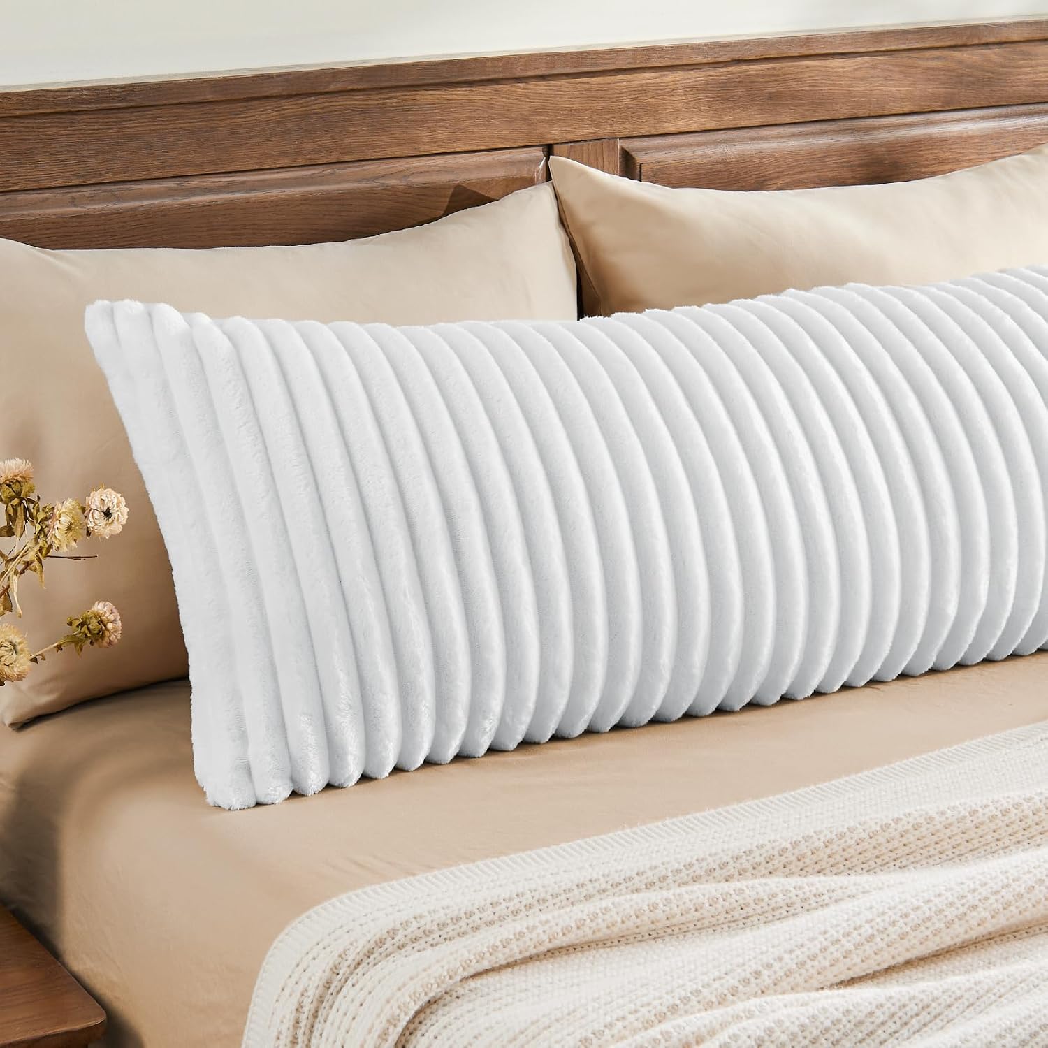 Bedelite Fluffy Faux Fur Body Pillow Cover with Zipper, Luxury Plush 3D Striped Pillow Cover 20x54 Inches, Super Soft and Cozy Long Body Pi…