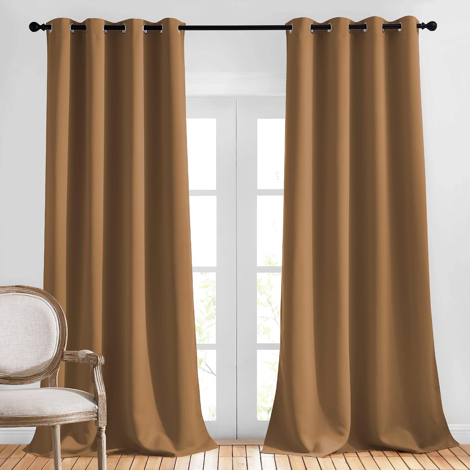 Nicetown Living Room Curtains 95 inch Long - Sound Reducing Grommet Thermal Insulated Blackout Solid Drapes for Villa/Hall, Gold Brown, 2 P…