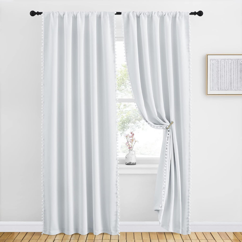 NICETOWN 2 Panels Blackout Curtains, Rod Pocket Pom Pom Girls Room Darkening Curtains, Boho Style Thermal Insulated Princess Girls Drapes…