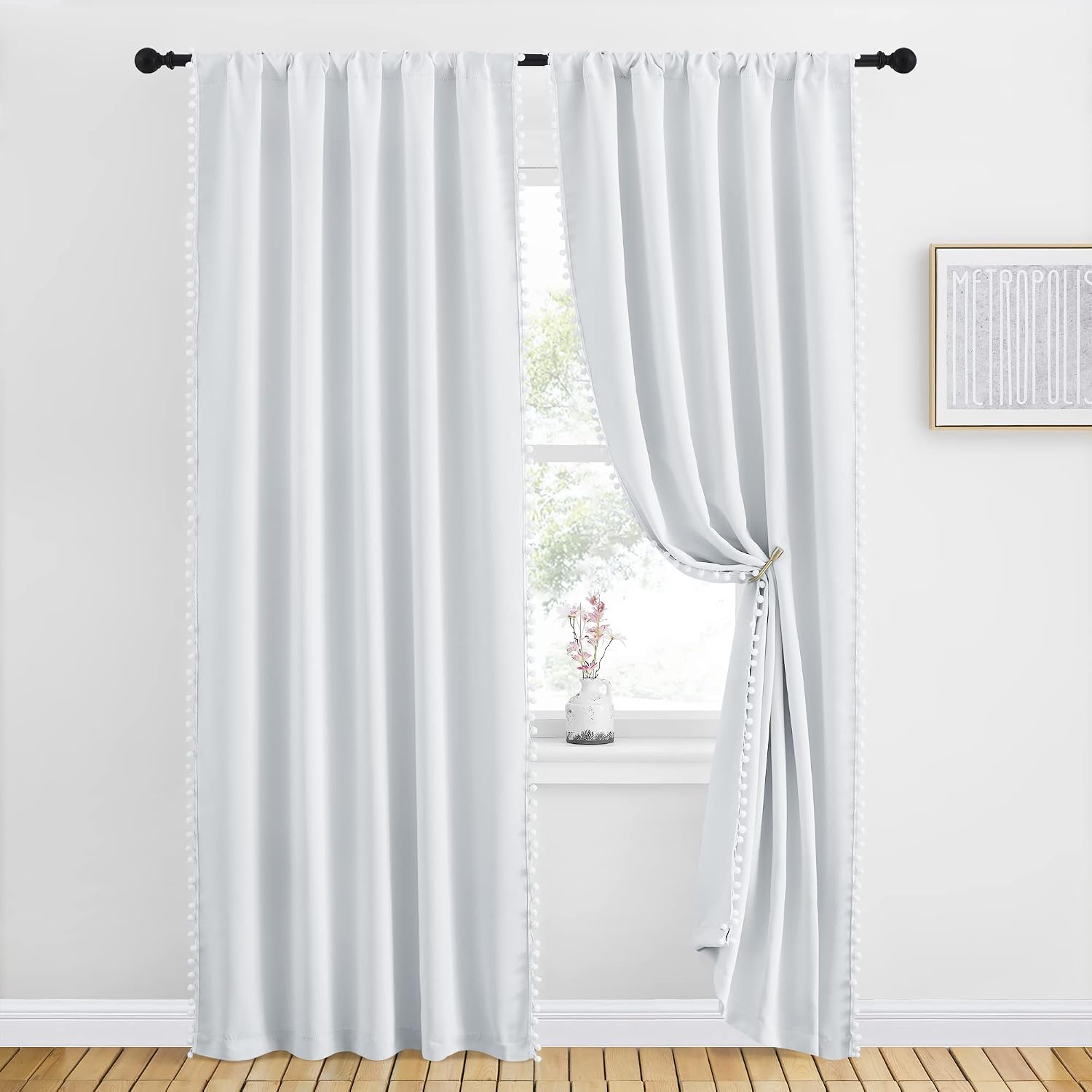 NICETOWN 2 Panels Blackout Curtains, Rod Pocket Pom Pom Girls Room Darkening Curtains, Boho Style Thermal Insulated Princess Girls Drapes…