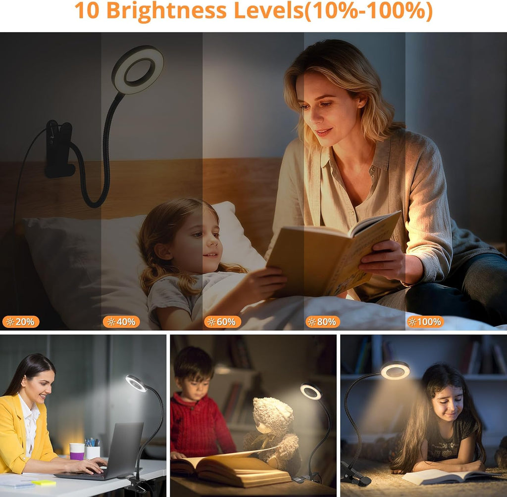 Woputne Desk Lamp Clip Light, 10 Dimmable Brightness 3 Light Modes Reading Light, Clamp Bedside Lamp for Painting, Craft, Study (Black)