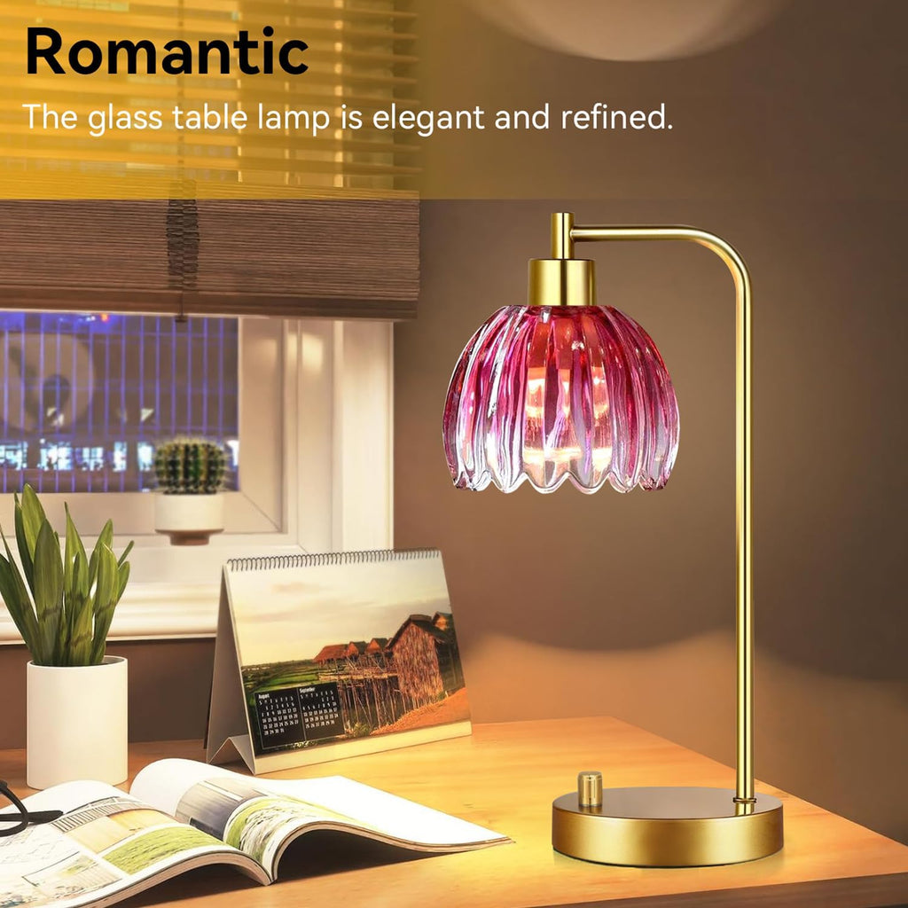 ILLMTW Pink Table Lamp Set of 2, Small Gold Bedside Lamps Dimmable Boho Bedroom Lamp with Tulip Flower Glass Lamp Shade, Vintage Mid…