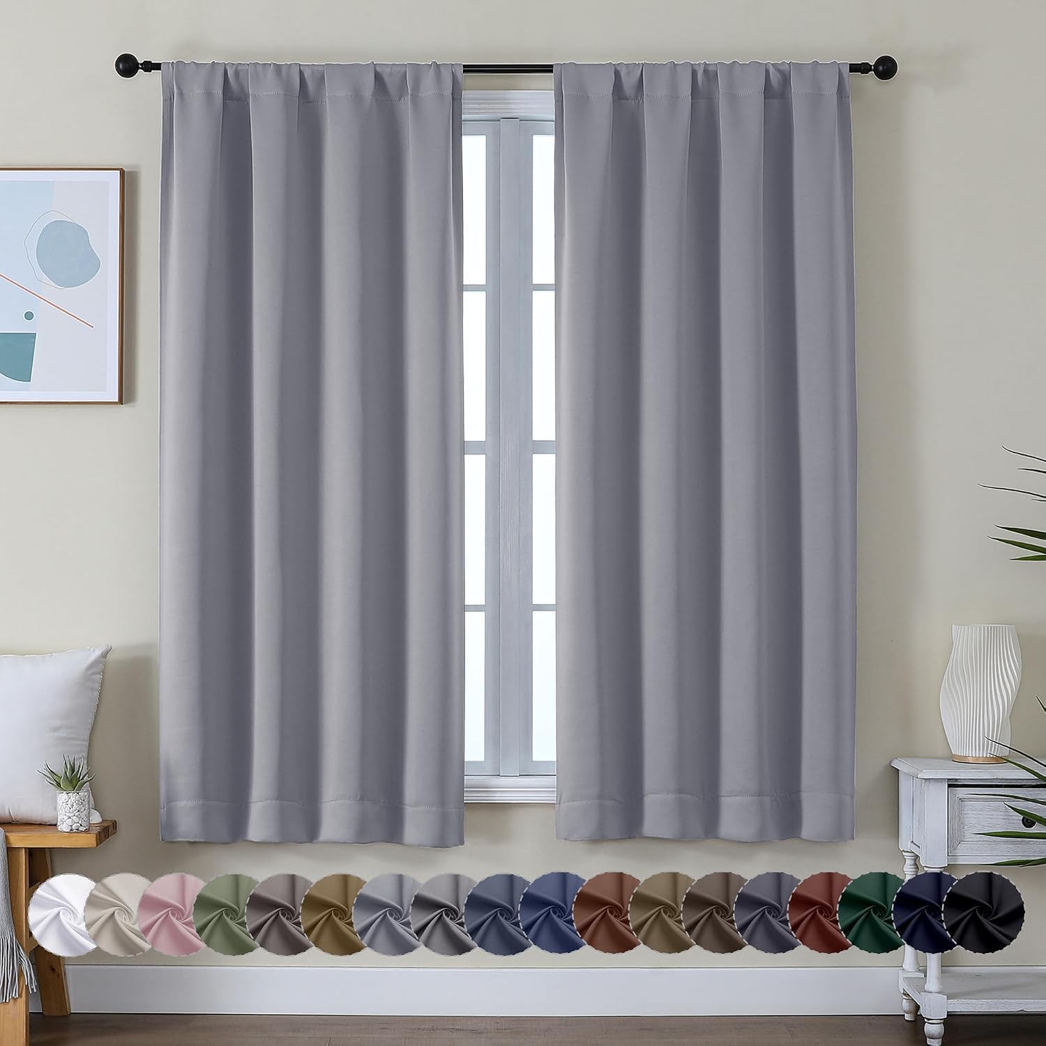 Simplebrand Ava Silver Grey Blackout Curtains for Bedroom 63 Inch Length 2 Panels, Solid Thermal Insulated Energy Saving Rod Pocket Window…