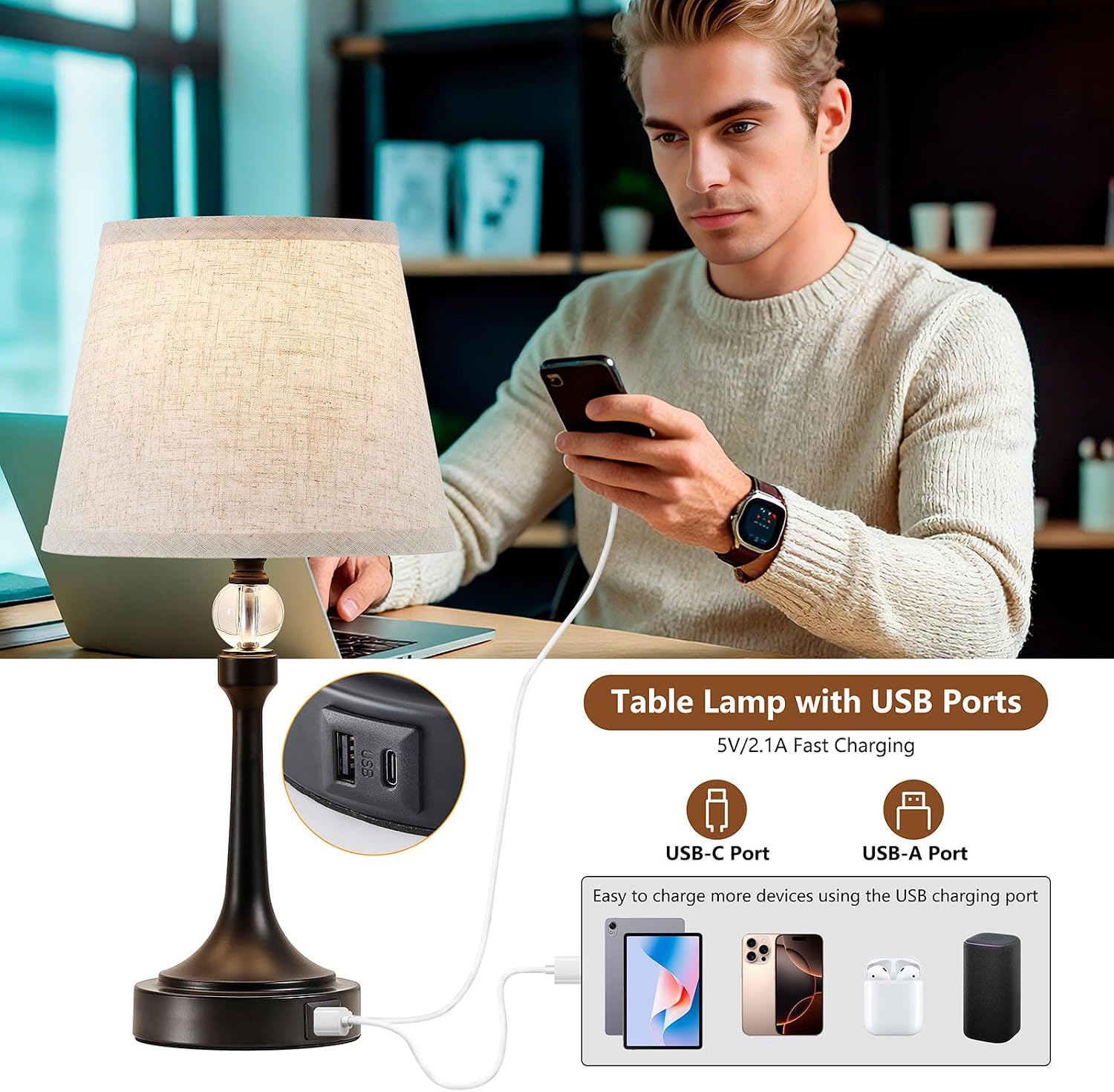 19.7'' Touch Table Lamps for Living Room, Small Lamp for Bedroom with USB C+A Ports, Dimmable Touch Lamps, Reading Desk Lamp for Office…