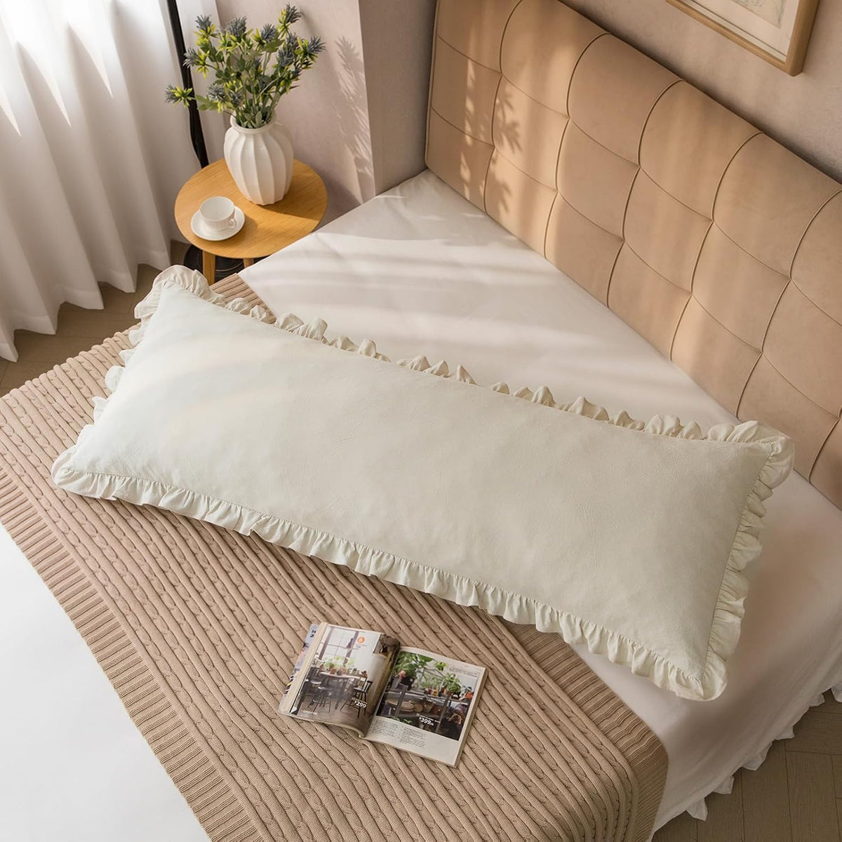 GLORY SEASON Pillow Shams Set of 2 Washed 100% Cotton Retro Ruffle Flounces Trim Solid Beige Decorative Pillow Cases for Home Bedroom…