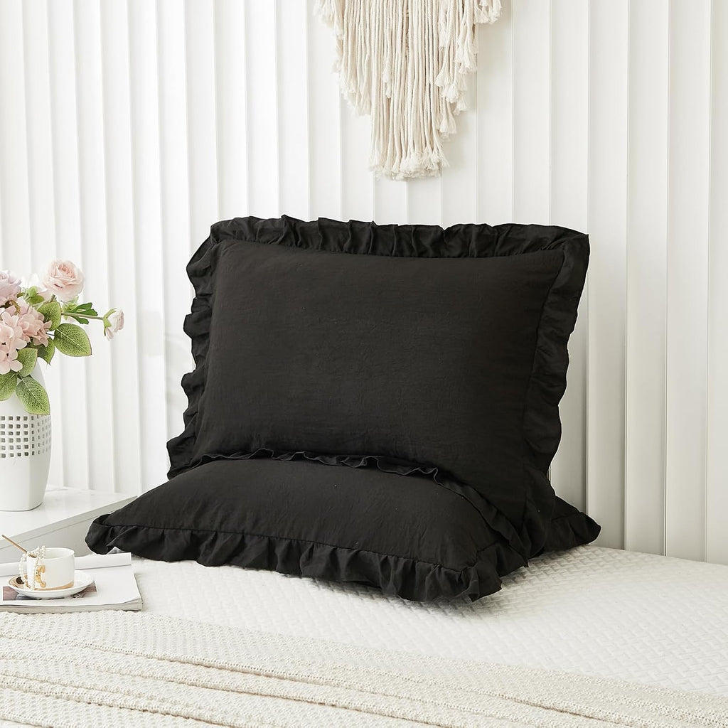 Merryword Black Pillow Shams Standard Pillowcases 20x26inch Black Ruffle Cute Pillow Cover Set of 2 Shabby Chic Soft Microfiber Pillowcases…