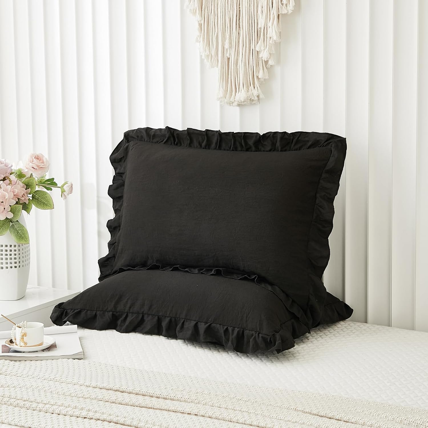 Merryword Black Pillow Shams Standard Pillowcases 20x26inch Black Ruffle Cute Pillow Cover Set of 2 Shabby Chic Soft Microfiber Pillowcases…