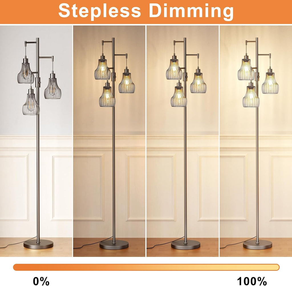 Ziisee Dimmable Floor Lamps for Living Room, Industrial Tree Standing Tall Lamps with 3 Elegant Cage Shade for Bedroom Office - Grey