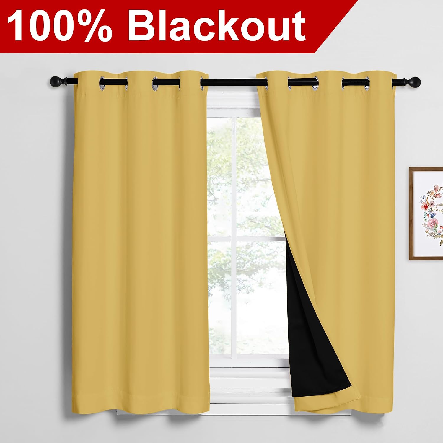 Nicetown Bright Yellow 100% Blackout Curtains 2 Panels with Black Liners, Thermal Insulated Full Blackout 2-Layer Lined Drapes, Noise Cance…