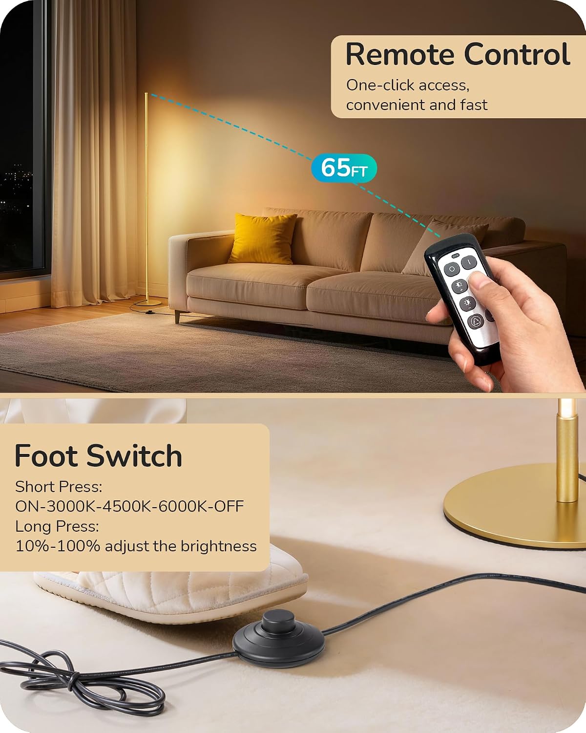 Edishine Corner Floor Lamp, 59.8" Standing Lamp with 3 Height Settings, Adjustable Color Temperature & Stepless Dimming, Remote Control, Fo…
