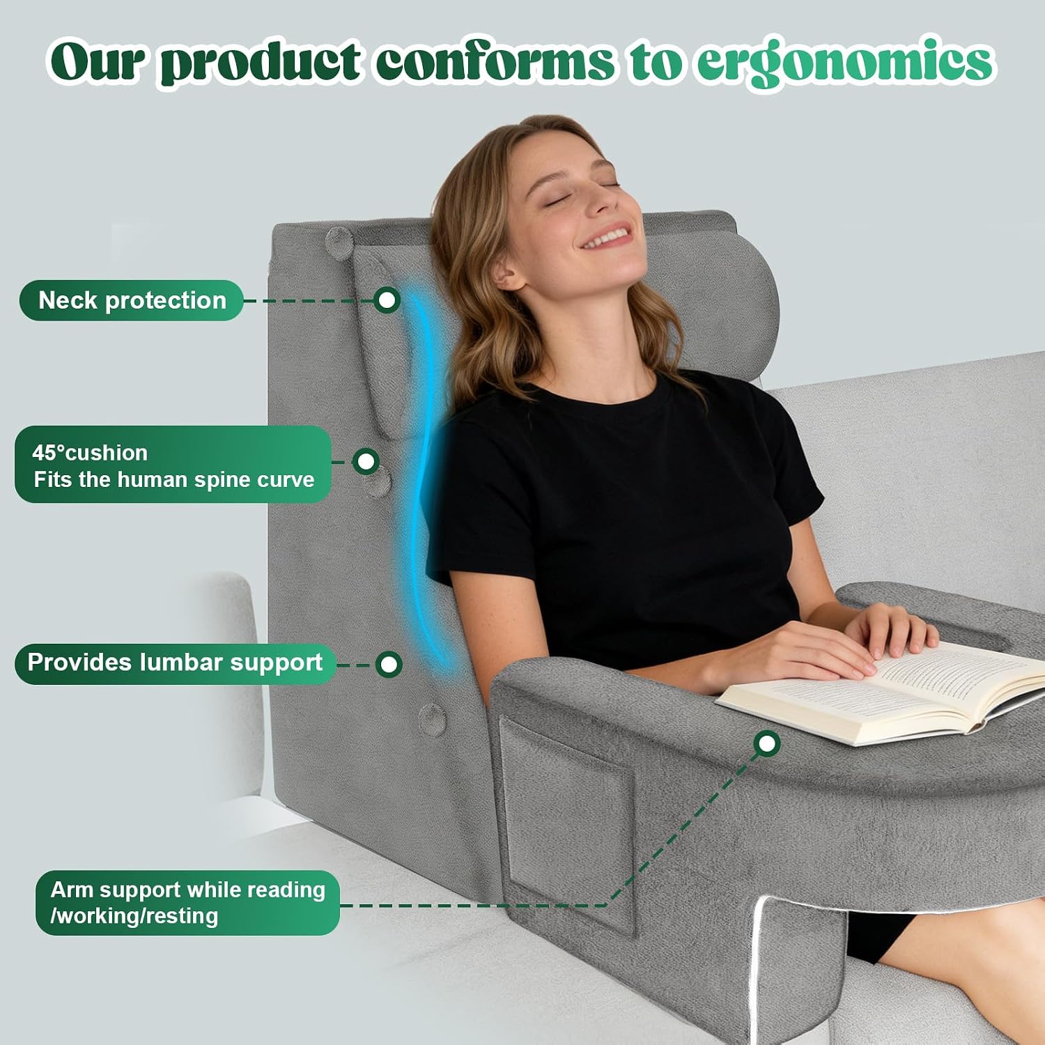 laapee Reading Pillow Set for Adults 3-Piece - Ergonomic Back/Neck Support with Arms & Pockets - 26D High-Density Foam for Bed/Couch Readin…