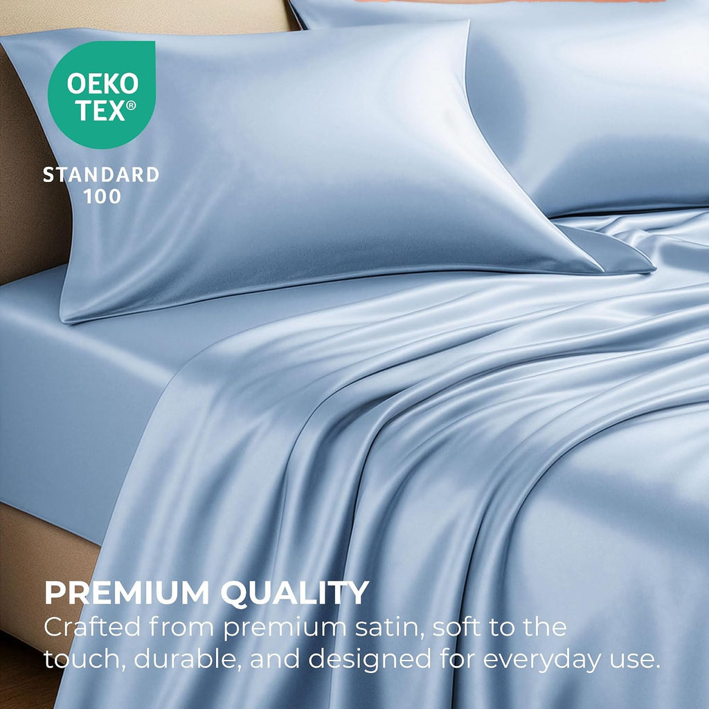 PureBedding Satin Sheets King [4-Piece, Baby Blue] Hotel Luxury Silky Bed Sheets - Extra Soft 1800 Microfiber Sheet Set, Wrinkle, Fade, Sta…