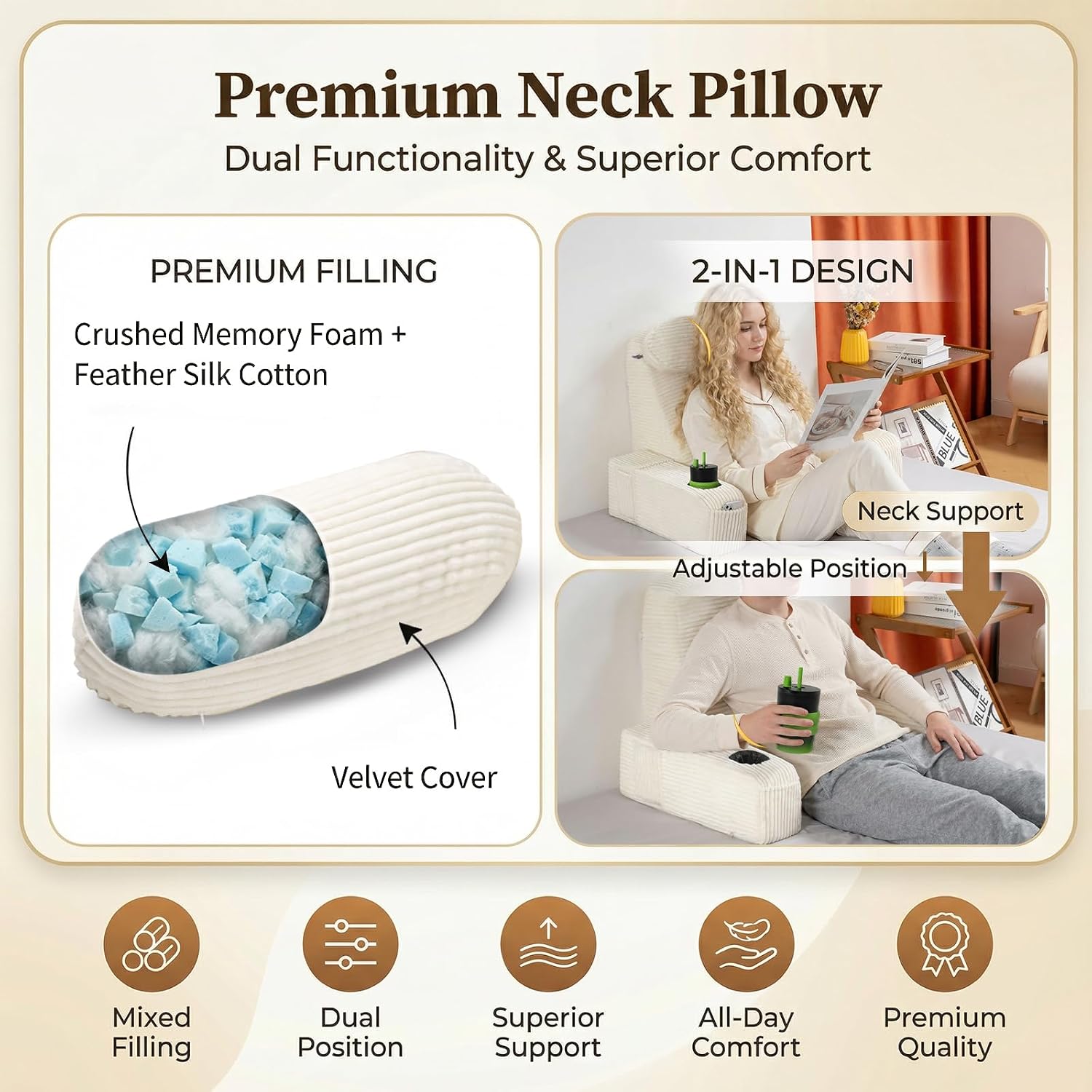 Asawesling Reading Pillow for Adults, Back Pillow for Bed Sitting Up, Backrest Pillow for Sitting in Bed, Detachable Arms with Built-in Cup…