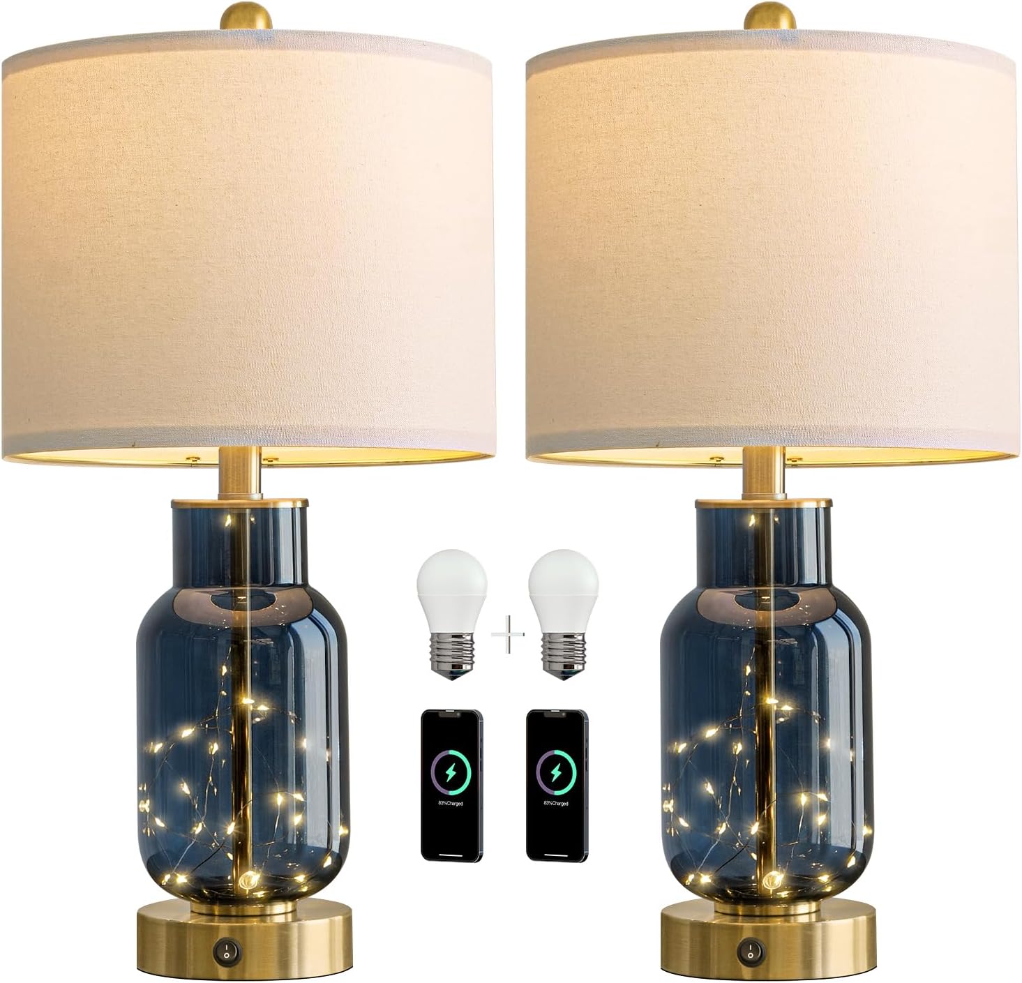Oneach 22" Glass Table Lamps Set of 2, Blue Modern Bedside Lamp with LED Night Light for Living Room, Nightstand Lamp with USB Ports for Be…