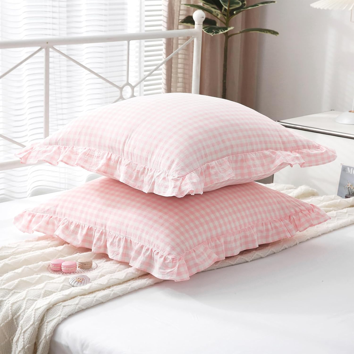 Kmasaniji 2 Pack Blush Gingham Ruffle Euro Pillow Sham Covers, 100% Washed Cotton Plaid Checkered Farmhouse Decorative Pillow Shams for Bed…