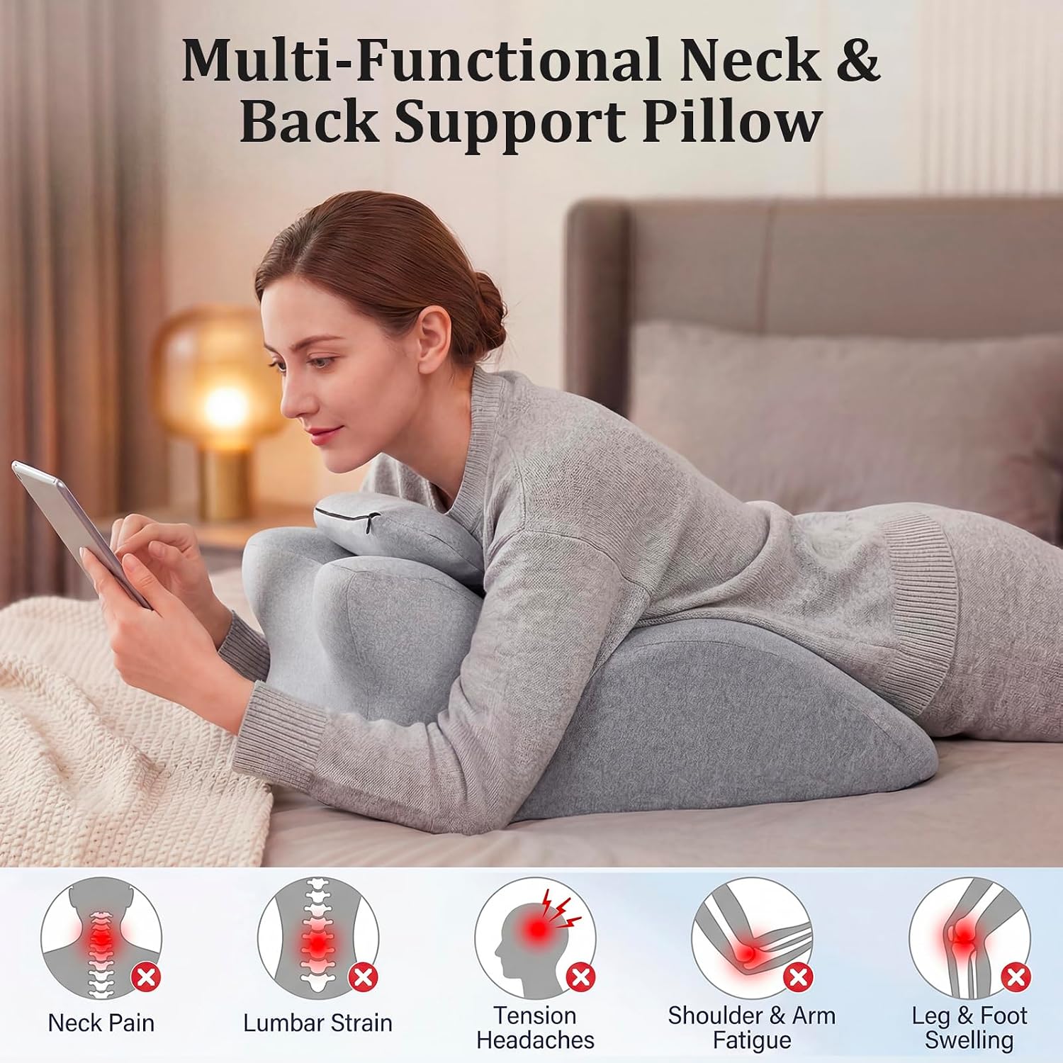 Ergonomic Contoured Support Pillow, 27°Angle Wedge Memory Foam Pillow, Multi-Functional Neck Back Waist Pillow for Bed Sleeping &…