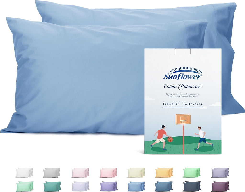 Sunflower Queen Pillowcases Set of 2, 100% Cotton Queen Size Pillow Cases 2, 20×30 inches Placid Blue, Soft and Breathable