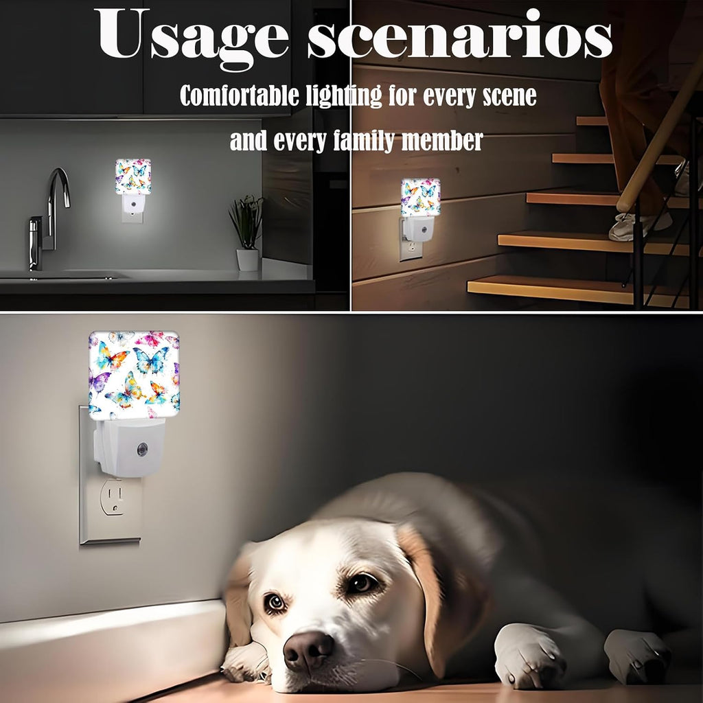 Watercolor Butterflies Night Light, Plug Into Wall for Boys Girls Bedroom Decorative Square Night Light Lamp 0.5w Sleep Friendly