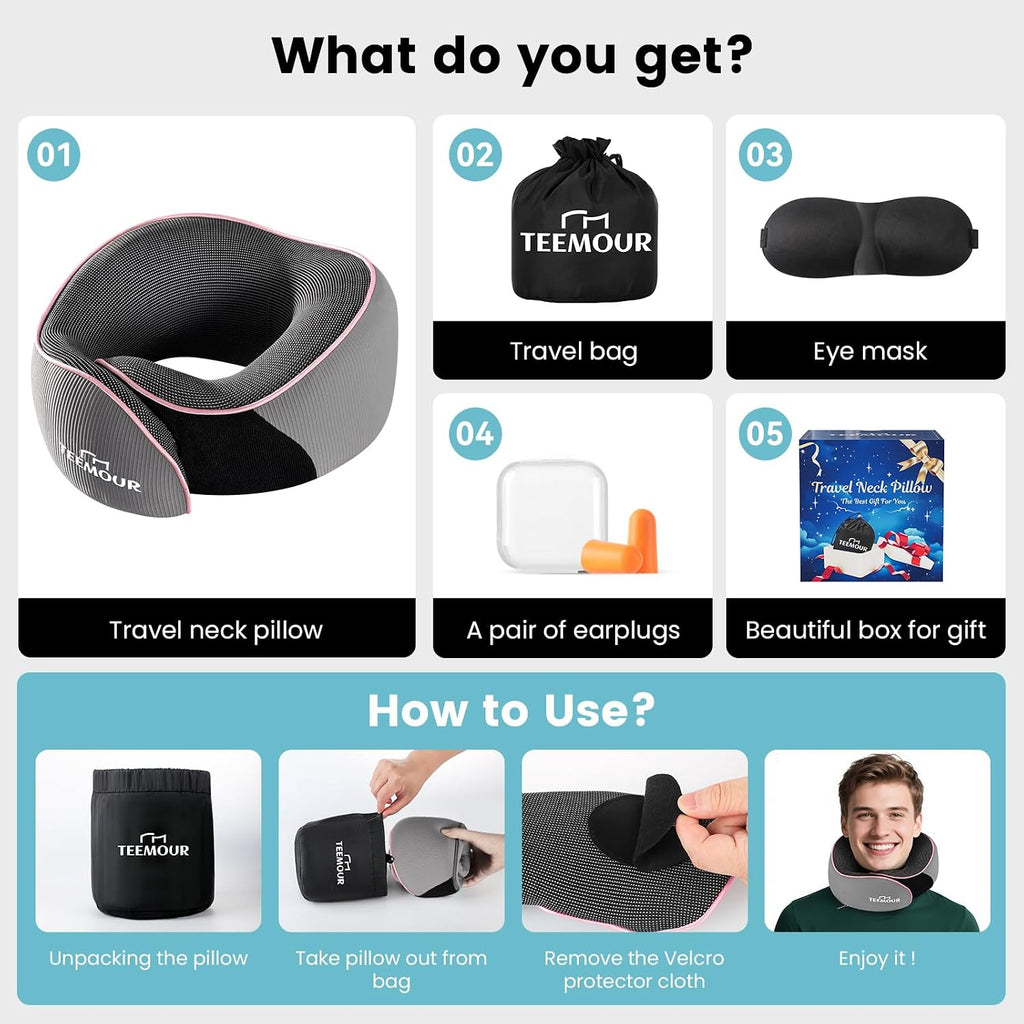 Teemour Travel Neck Pillow Airplane- Upgraded Memory Foam Neck Pillow for Airplanes 360° Support Desing, with Eye Mask & Earplugs…