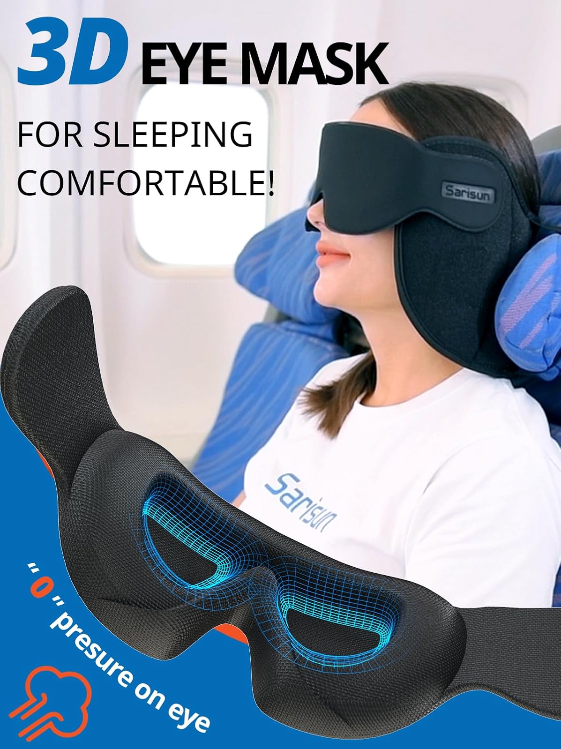 SARISUN Upgraded Travel Pillow, U-Shaped Airplane Head Strap for All Heights, 360° Support, 3D Sleep Mask, 100% Light Blocking, Long…